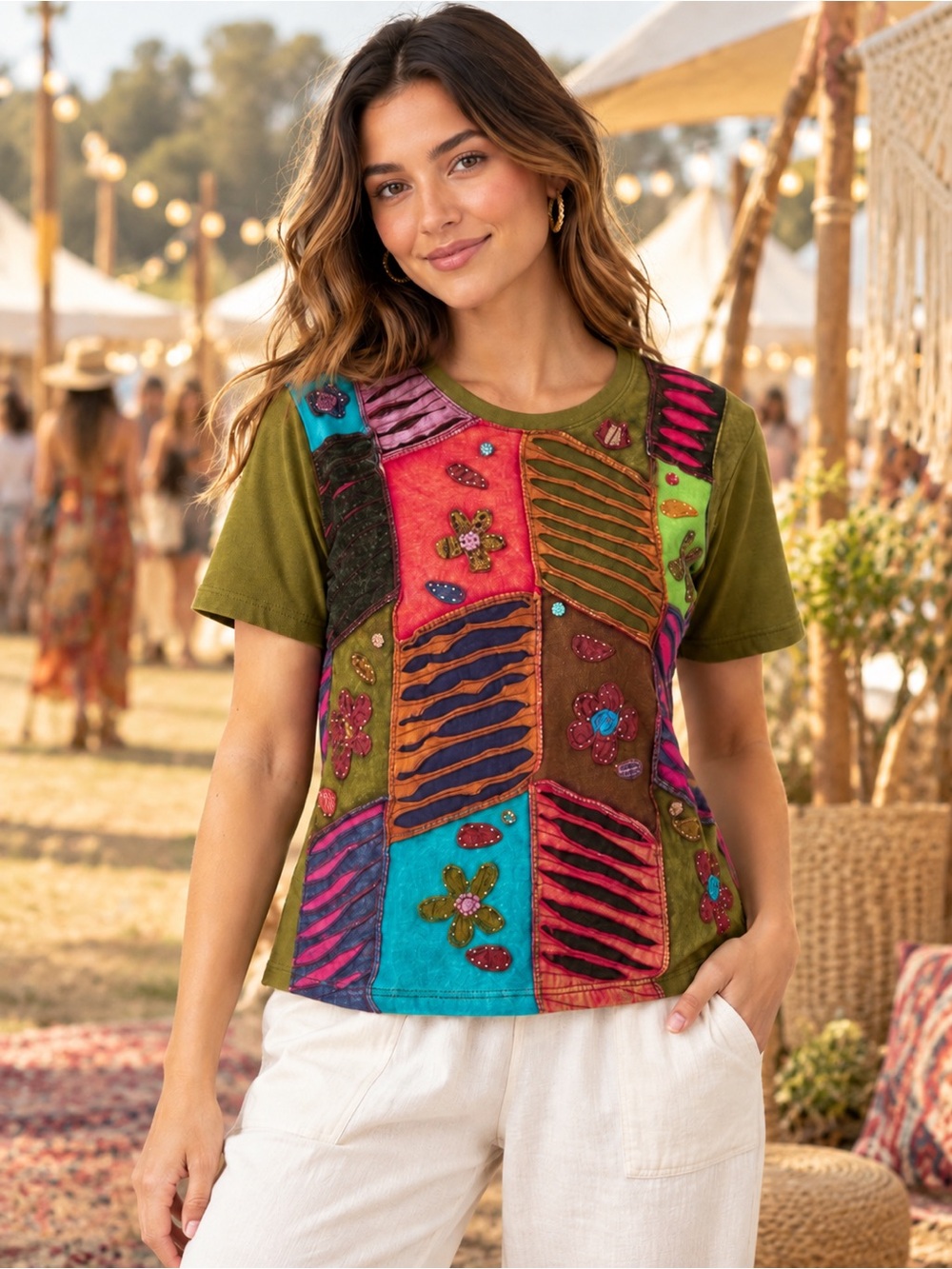 133 Rising International Patchwork Embroidered Top Size Small 100% Cotton